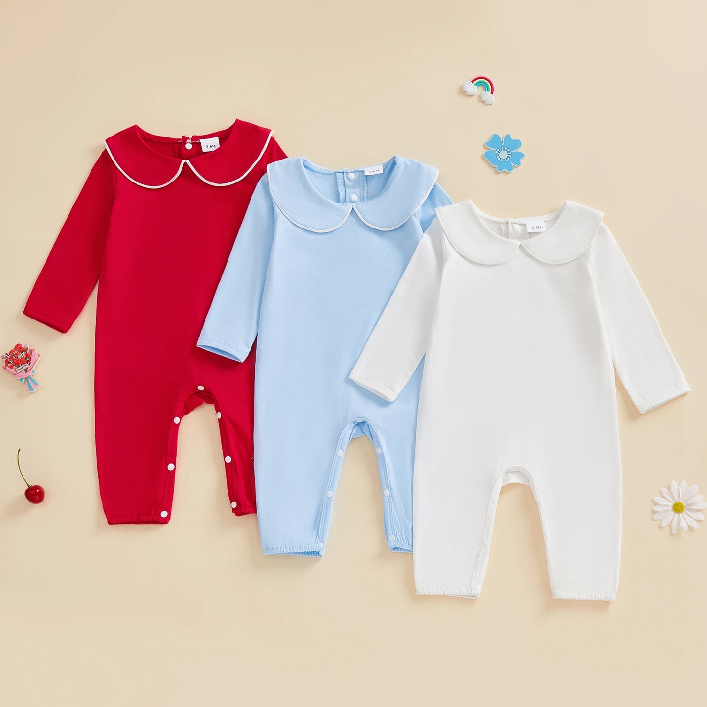 Baby Girls Boys Autumn Winter Long Sleeve Doll Collar Snap Closure Romper Jumpsuit