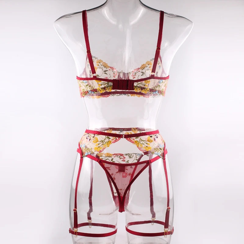 Women's Lace Transparent Embroidery 3-Piece Garters Lingerie Set