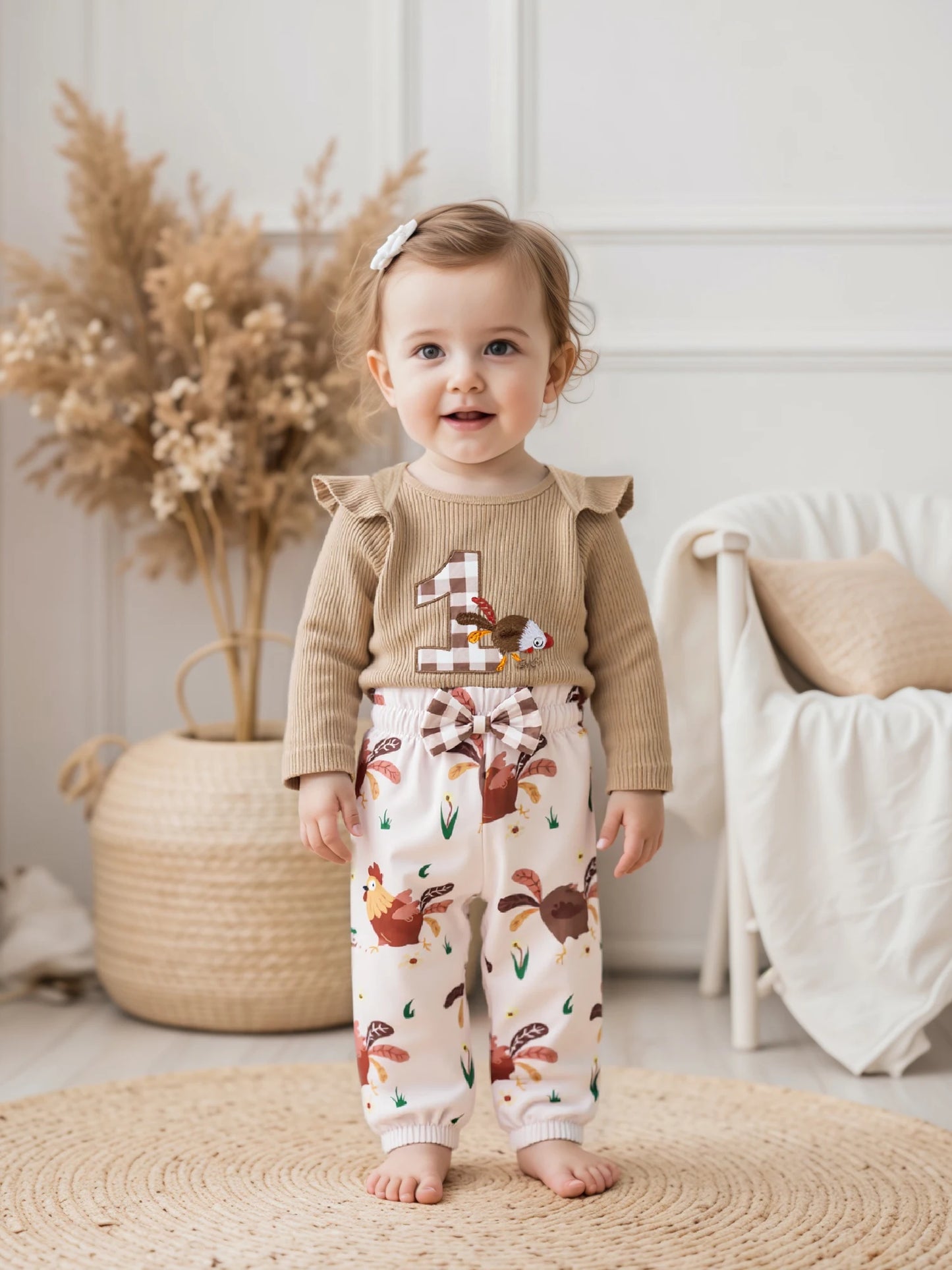 Baby 3-Piece Outfit Set - Ruffle Long Sleeve Embroidery Romper & Pants (0-18M)