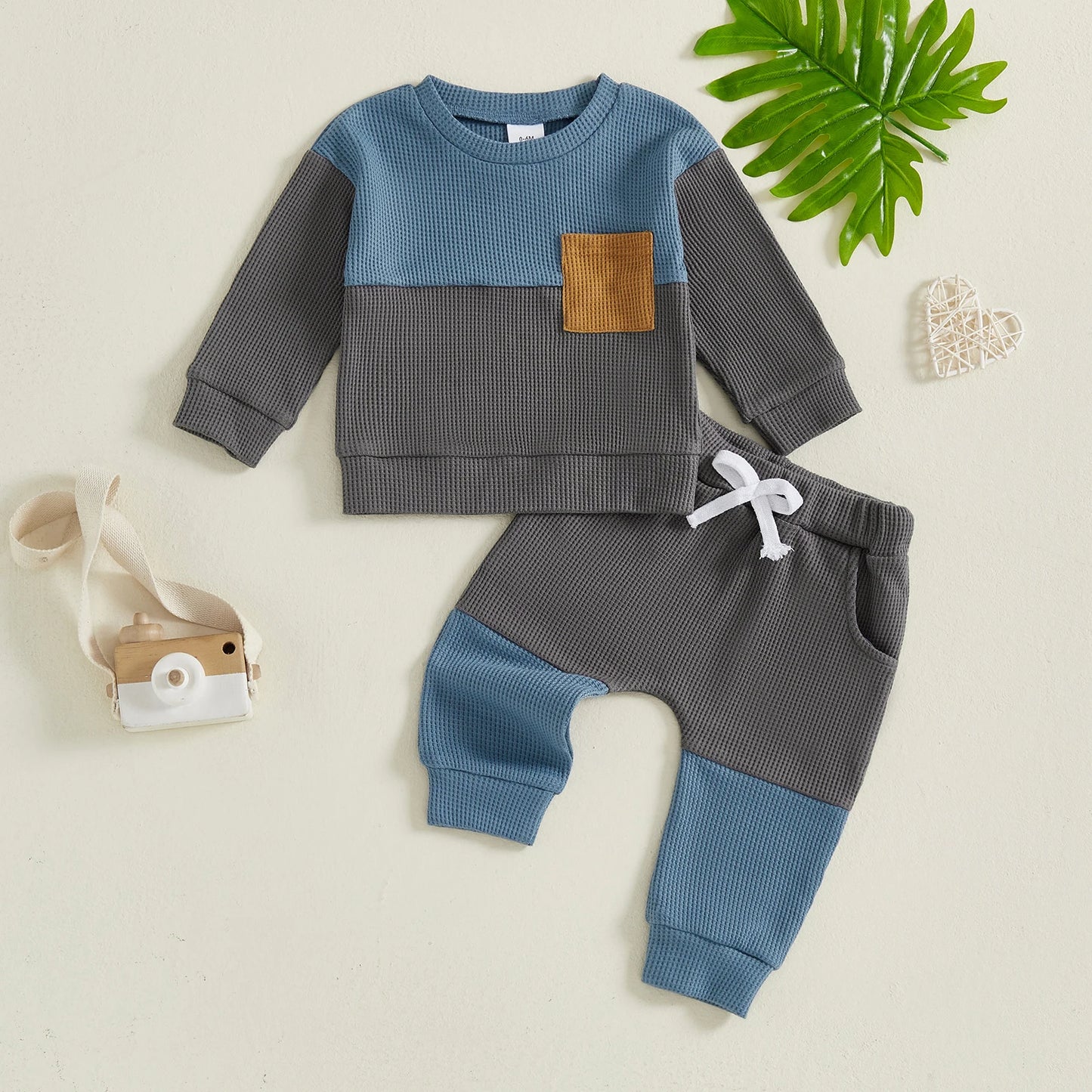 Casual Baby Boys Clothes Set - Long Sleeve Waffle Top & Elastic Waist Pants (0-3Y)