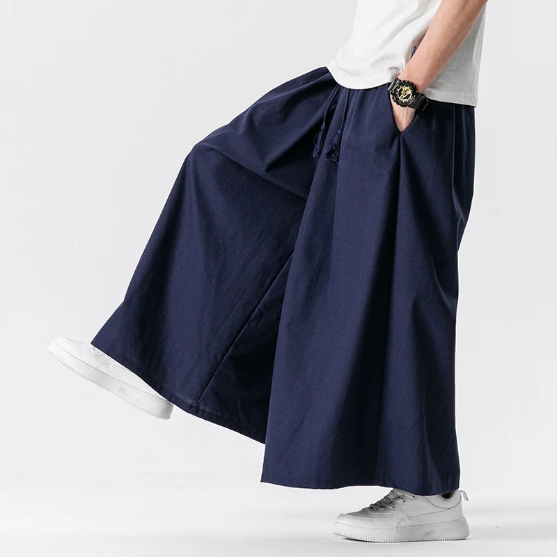 Men's Chinese Style Loose Wide Leg Summer Cotton Linen Casual Trousers