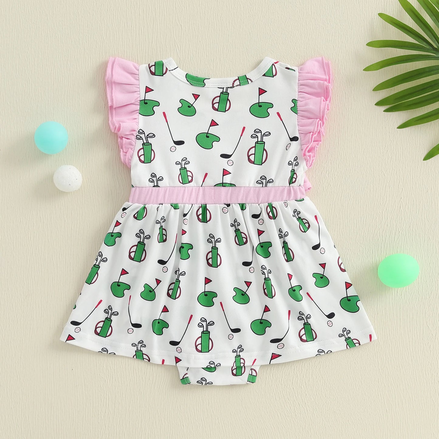 Baby Girls' Romper Dress - Golf Print Bowknot Ruffles Fly Sleeve Bodysuit