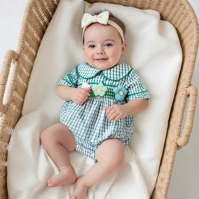 Baby Girls Summer Plaid Romper - Doll Collar Short Sleeve with Flower Embroidery (0-18M)