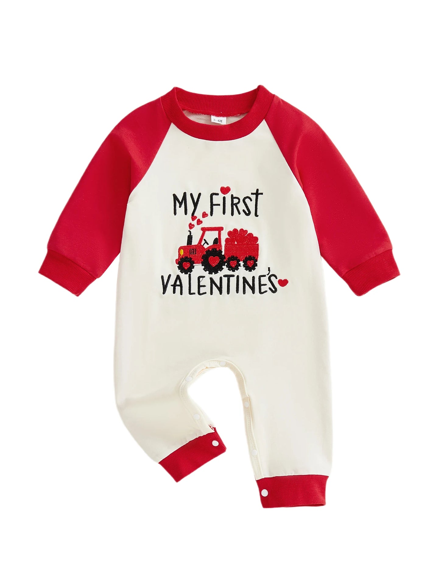Newborn Baby Boys Valentine's Romper - Love Heart Tractor Embroidery