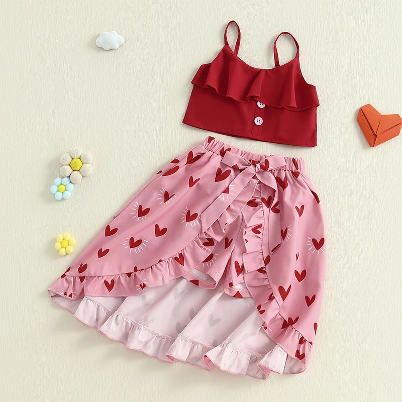 3-6Y Kids Girls Clothes Set Outfit Heart Print Sleeveless Camisole Low Ruffles Skirt Shorts Set