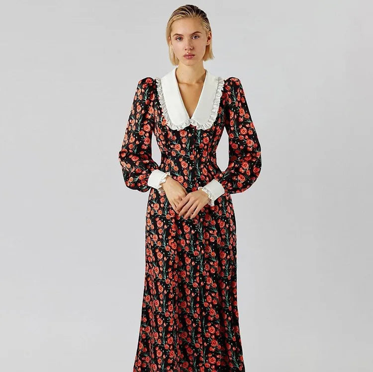 Women's Doll Collar Long Sleeve Midi Dress