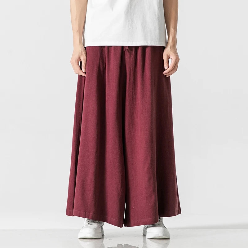 Men's Loose Wide Leg Cotton Linen Trousers with Elastic Waist