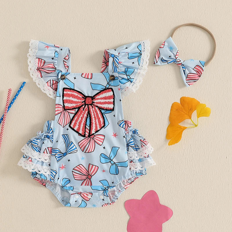 2pcs Baby Girls Independence Days Romper 0-18M Lace Flutter Sleeve Bow Embroidery Layered Hem Jumpsuit Headband