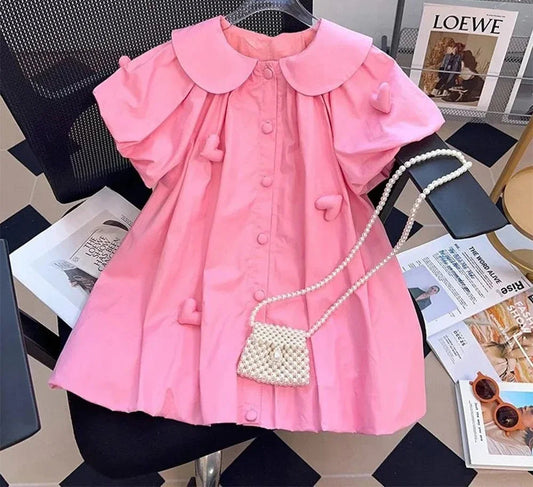Girl's Summer Polo Collar 3D Love Decal Bubble Sleeve Princess Dress