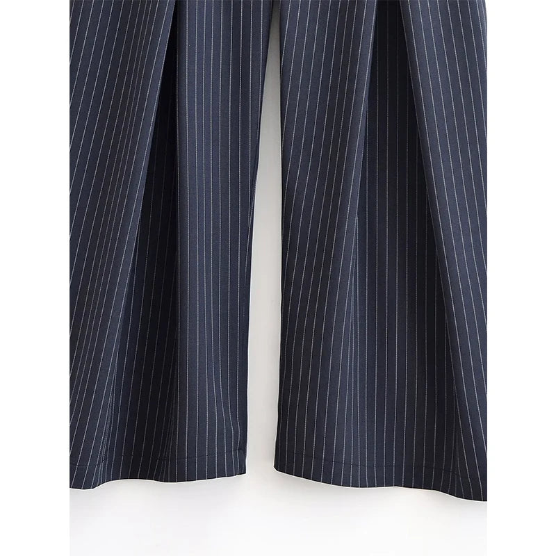 Vintage Striped Pleated Wide Leg Pants - High Waist Office Casual Trousers
