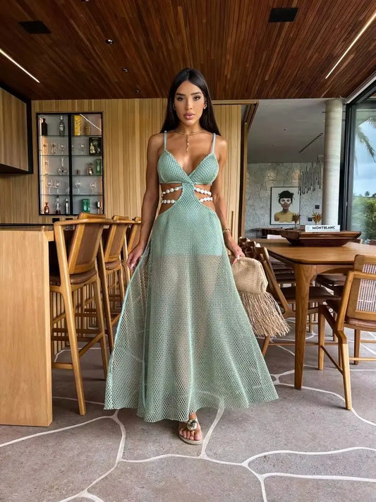 Women’s V Neck Sleeveless High Cut Naked Waist Long Evening Party Dress