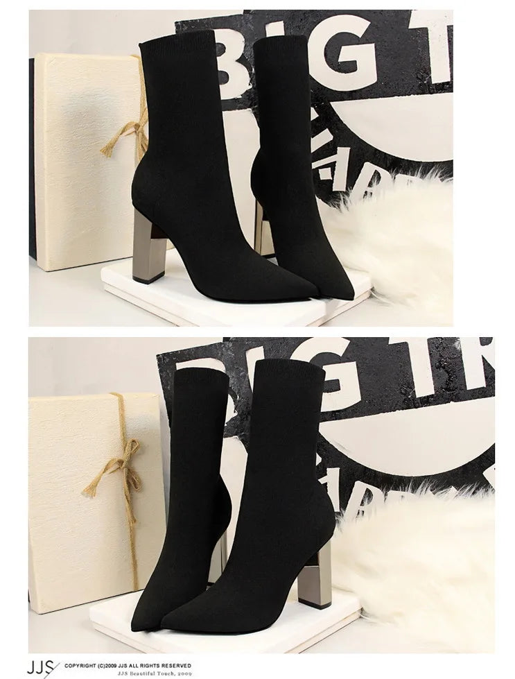 Women's Elastic Sock Boots - Metal Block Heel Ankle Boots Plus Size Available