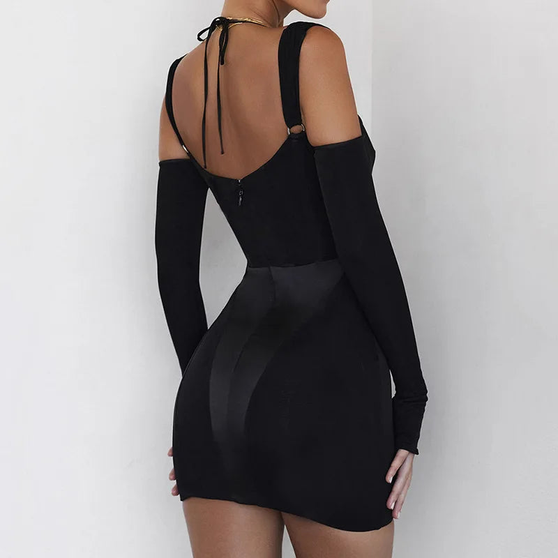 Women's Halter Backless Cut Out Mesh Sheer Corset Mini Dress - Slip Bodycon Dress