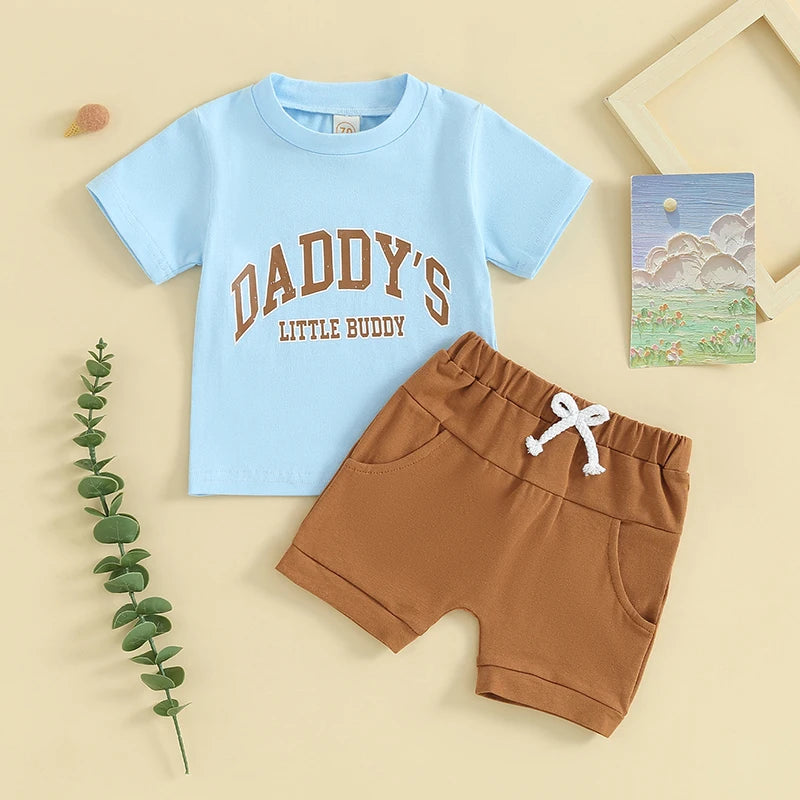 0-3Y Toddler Baby Boy Summer Clothes Set- 2pcs Letter Print Short Sleeve T-Shirt with Elastic Waist Solid Colour Shorts