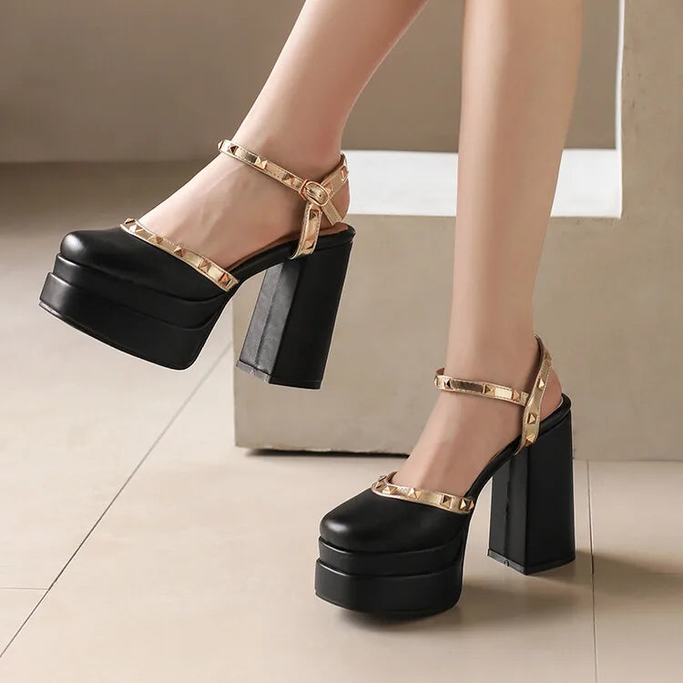 Women's Riveted Leather 14cm Square Heels Pumps Shoes