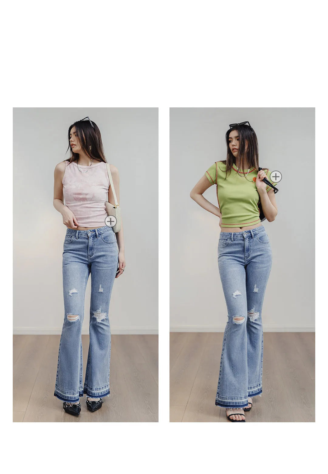 Women's Ripped Bell-Bottom Flare Jeans | 9oz Cotton Denim | Vintage High Street | Light Blue