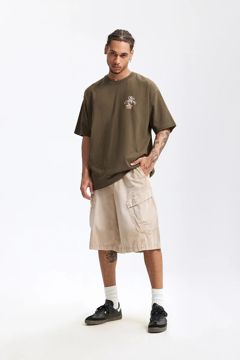 Men's 250G Green Plant Crack Print Retro Street Style Heavyweight Casual Short Sleeve T-Shirt