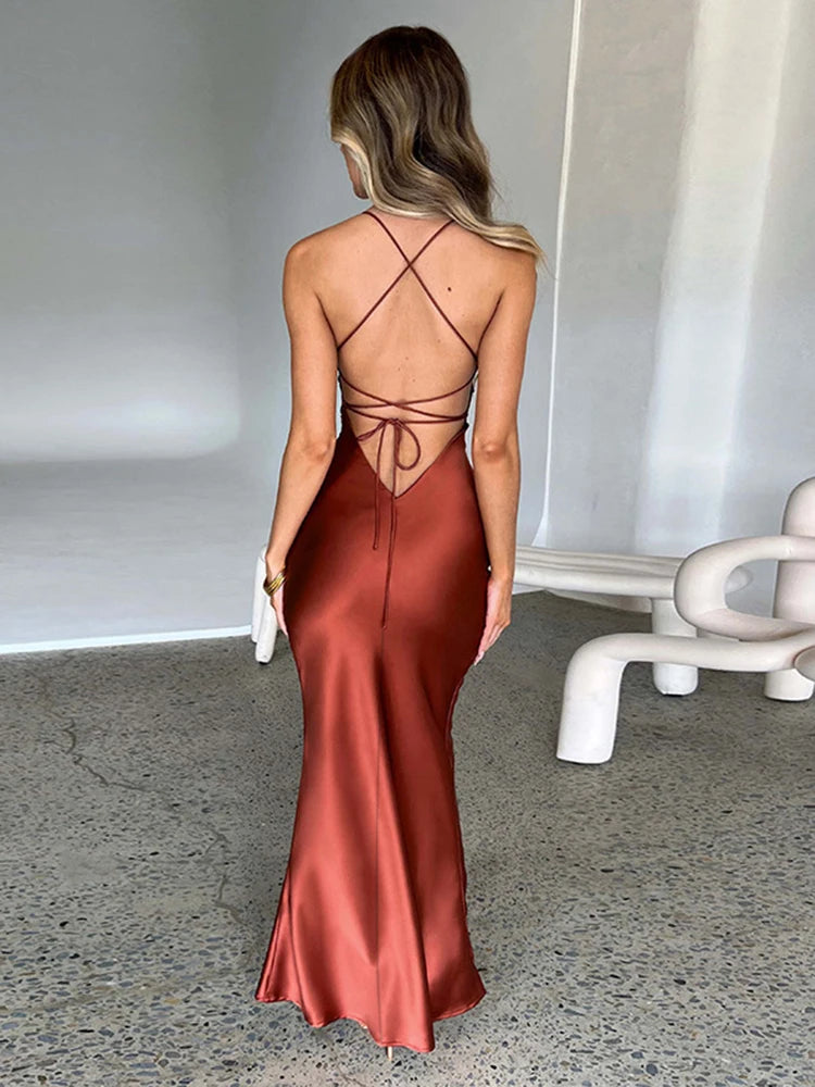 Women Backless Bandage Party Maxi Dress - Satin Fall Outfits Elegant Gown Lace Up Slip Dress