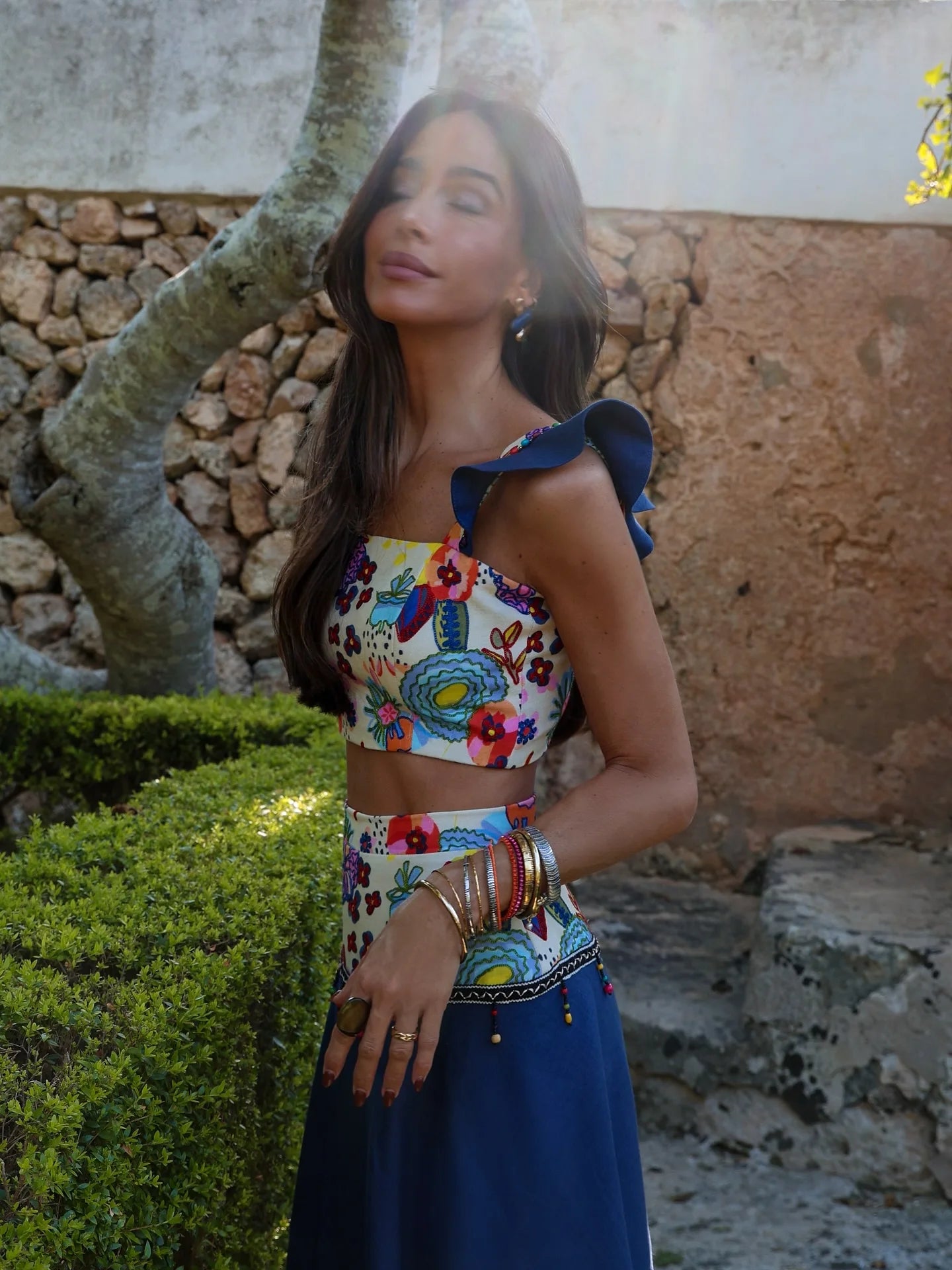 Women's 3-Piece Ruffle Bikini Set - Print Swimwear with Slit Skirt