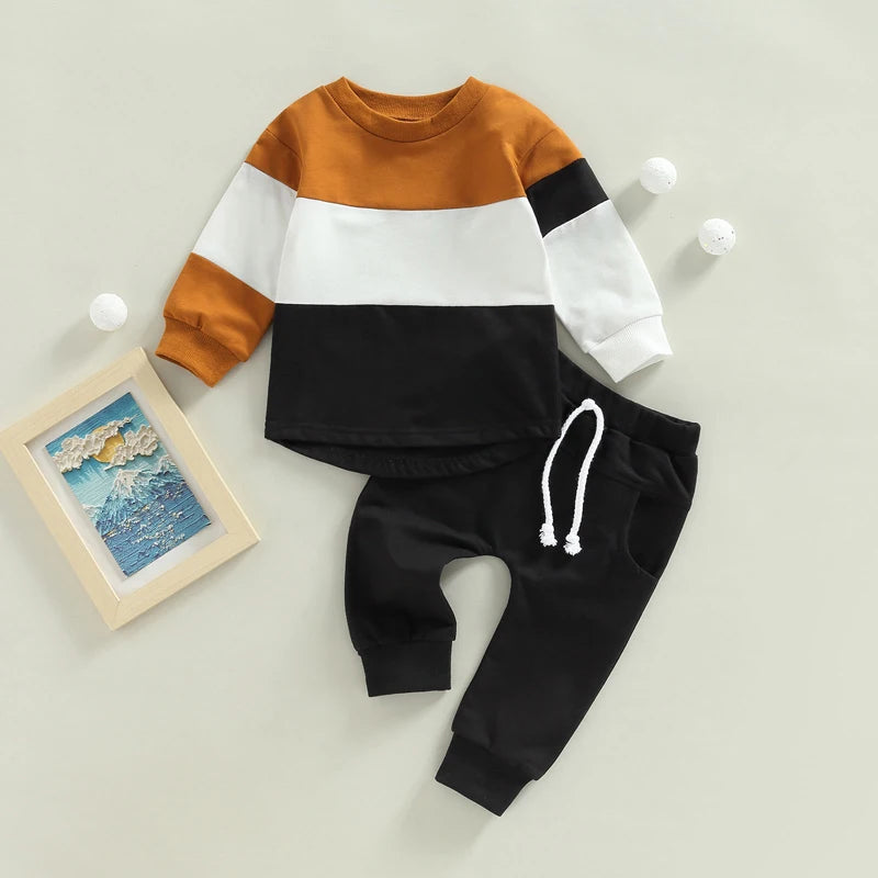 0-4Y Autumn Casual Kids Boys Clothes Sets 2pcs Patchwork Long Sleeve Pullover Sweatshirt Top Pant