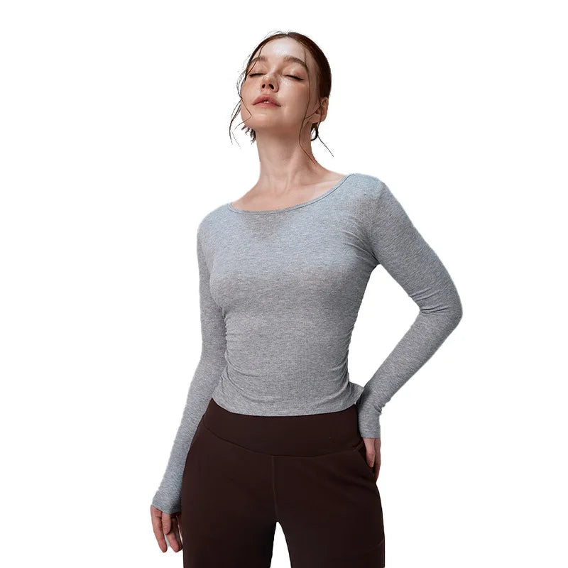 Ribbed Gym Top - Long Sleeve Drape Sides Yoga Shirt with Dry Fit