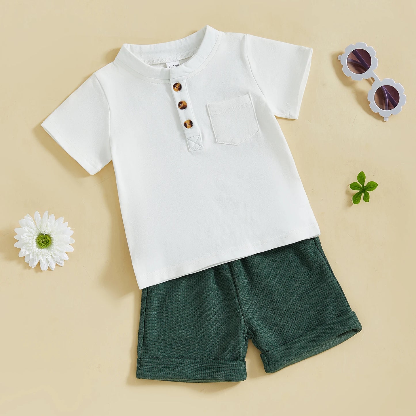 Casual Summer Baby Boys Button-Up Outfit Set - Round-Neck Top & Solid Color Shorts (0-4Y)
