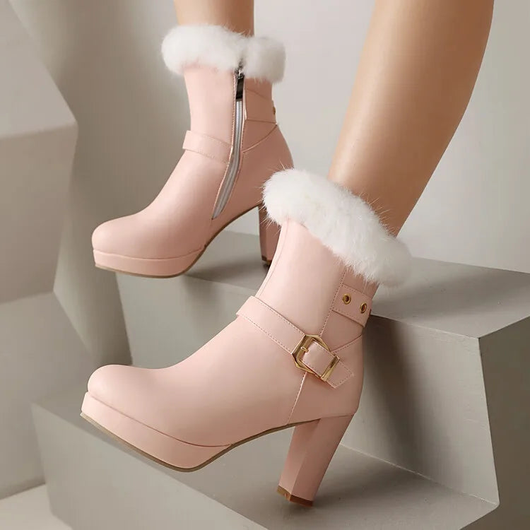 Studded Ankle Boots - 8cm High Heel with Plush Collar and Metal Belt