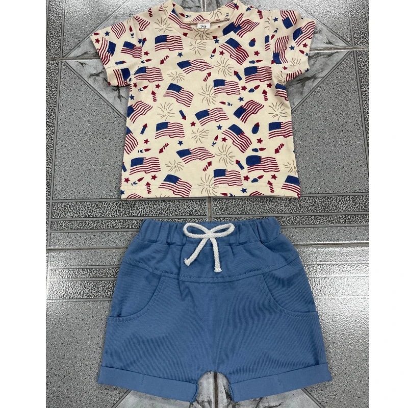 0-3Y Infant Baby Boys American Flag Clothes Sets Short Sleeve Flag Print T Shirts Drawstring Shorts Set