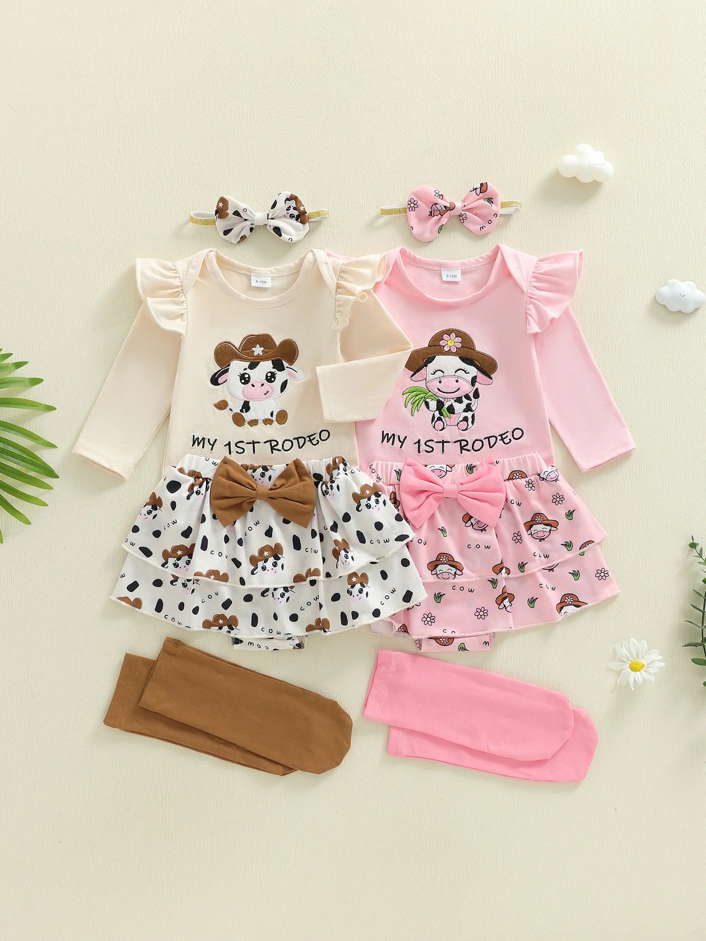 Newborn Baby Girls Boys Outfit Set - Cow Embroidery Romper with Skirt & Accessories 0-12M