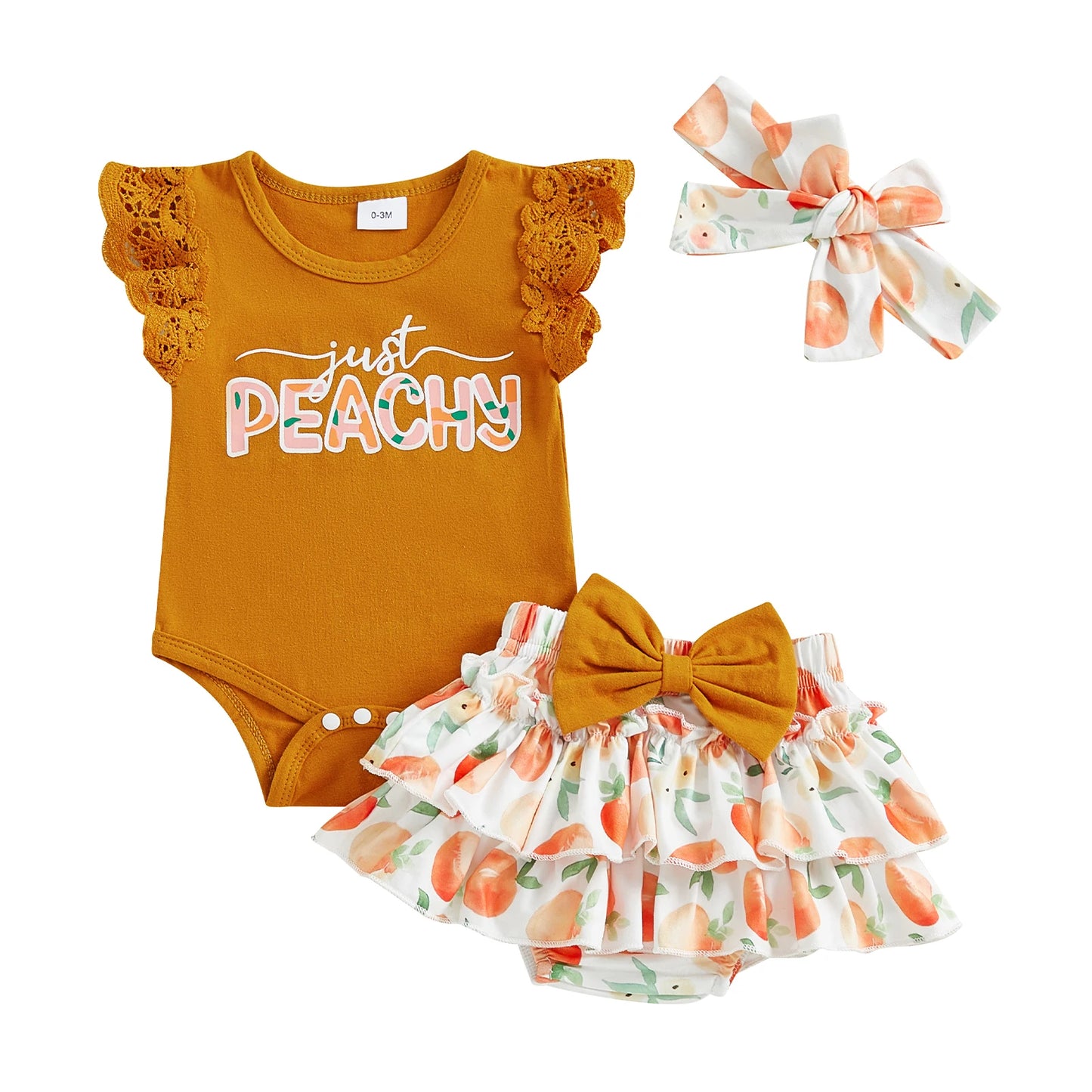 0-18M Baby Girls Summer Clothes Sets Flying Sleeves Letter Fruit Print Romper Tiered Ruffled Shorts with Headband