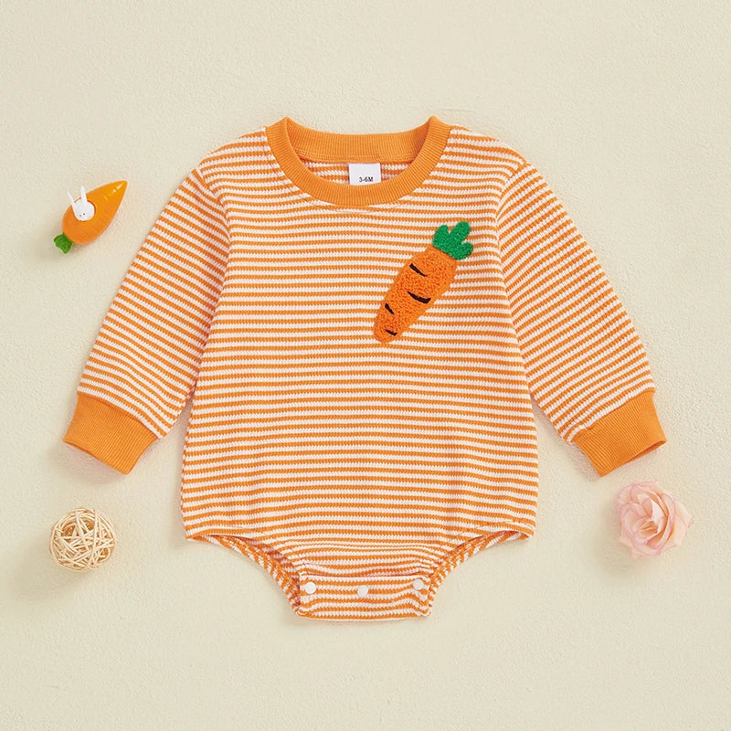 Baby Easter Romper - Stripe Rabbit Carrot Embroidery Long Sleeve Bodysuit