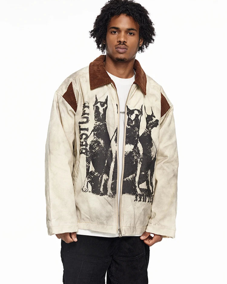 Men's Dog Head Graffiti Print Lapel Jacket Distressed Winter Jacket