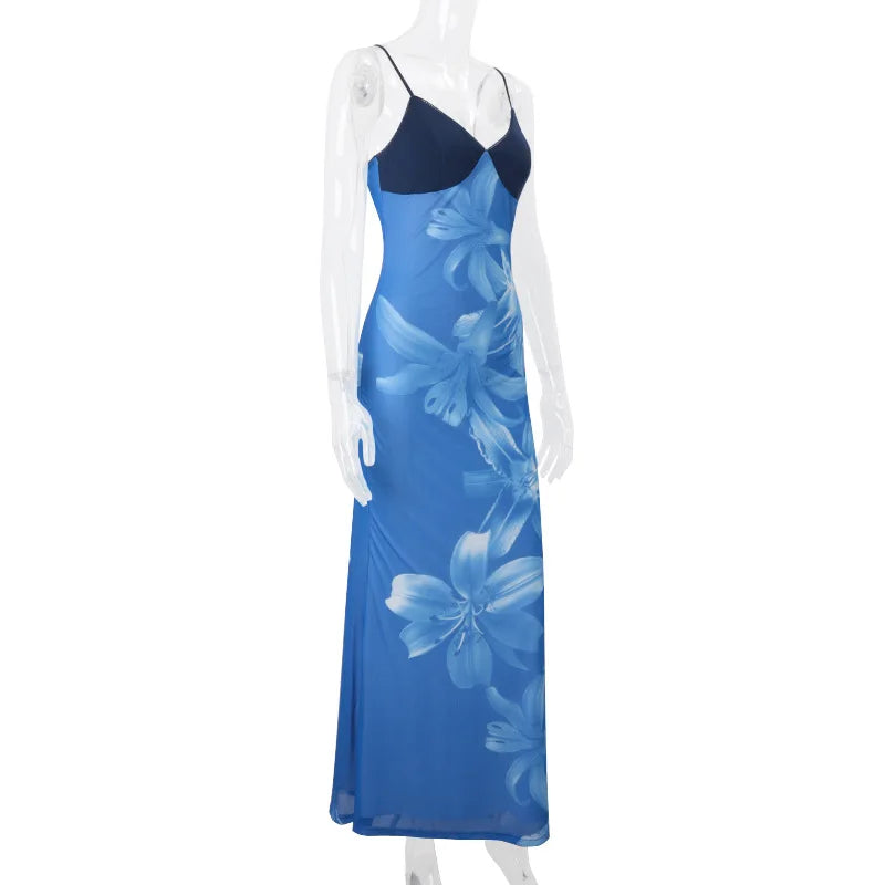 Women's Floral Print Backless Maxi Dress - Summer Slip Bodycon Long Party Dress