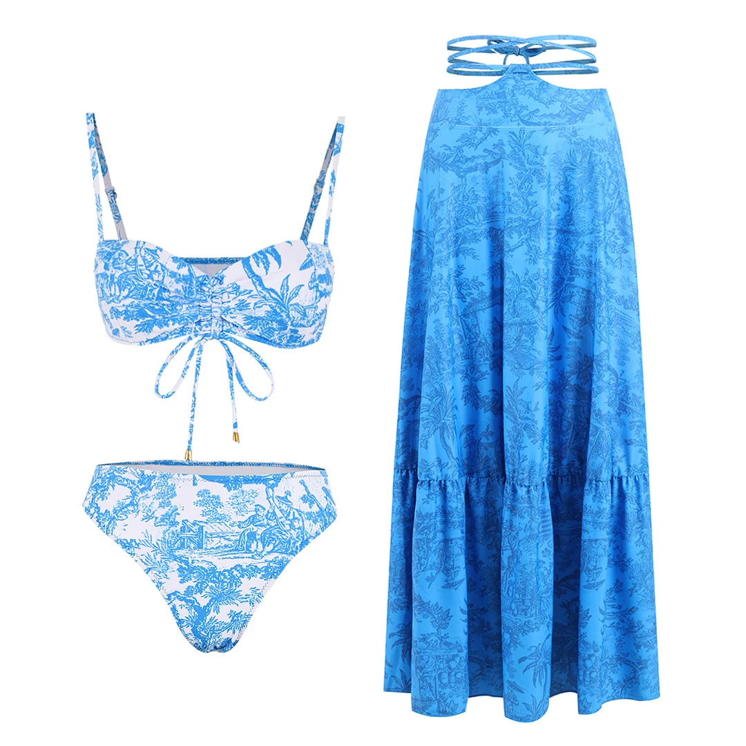 Women's Printed Strapless Bra Top & A-Line Maxi Skirt Three-Piece Beach Set