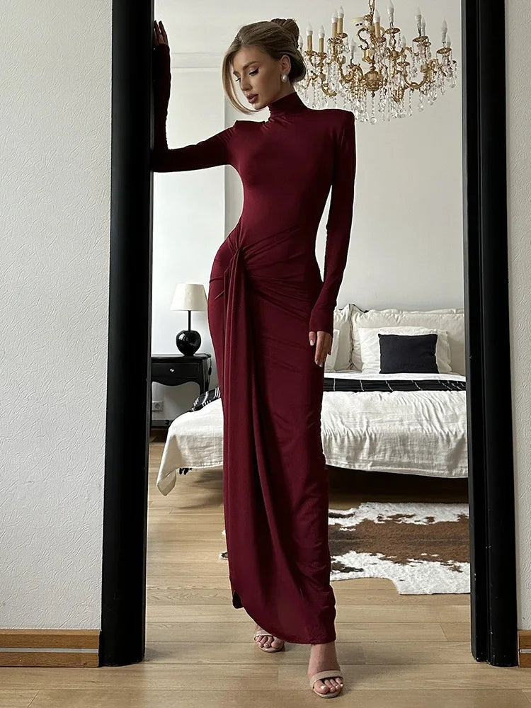 Women's Slit Long Turtleneck Bodycon Patchwork Elegant Ruched Gown Dress