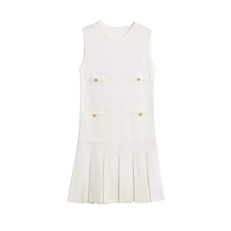 Women's Folds Knitted Mini Elegant Sleeveless With Pocket Vest Dress High Waisted  Clubs Party Summer