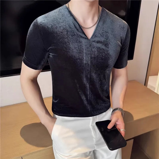Men's Summer V-Neck Short Sleeve Elastic Slim Fit Breathable T-Shirt