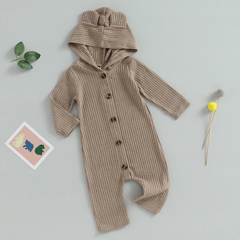 0-12M Autumn Baby Romper - Solid Colour Long Sleeve Hooded Jumpsuit for Boys & Girls
