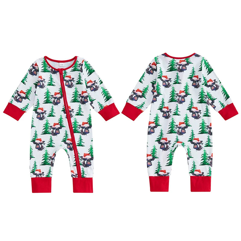 0-12M Baby Girls Boys Christmas Rompers Cow Print Long Sleeve Zipper Jumpsuits