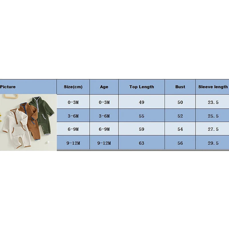 0-12M Baby Boys Fleece Romper Long Sleeve Stand Collar Pockets Plush Overalls Jumpsuits with Zipper