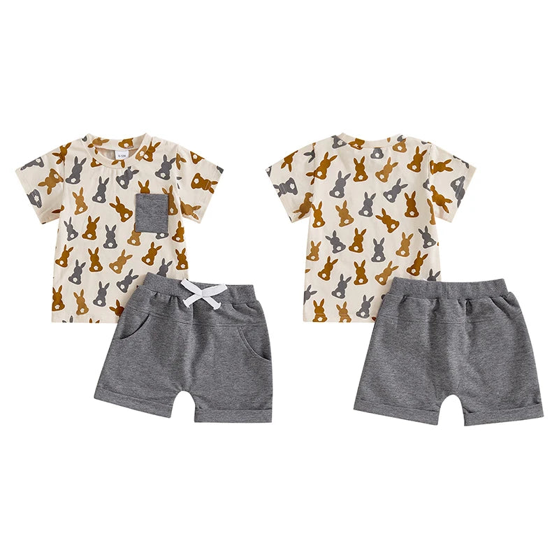 Toddler Baby Boys' Easter Outfit Set - Rabbit Print Short Sleeve T-Shirt & Shorts with Pockets 2pcs