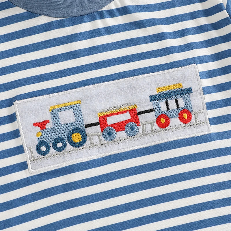 Summer Baby Boys Car Embroidery Outfit Set - Stripe Print T-Shirt & Elastic Waist Shorts (2-Piece)