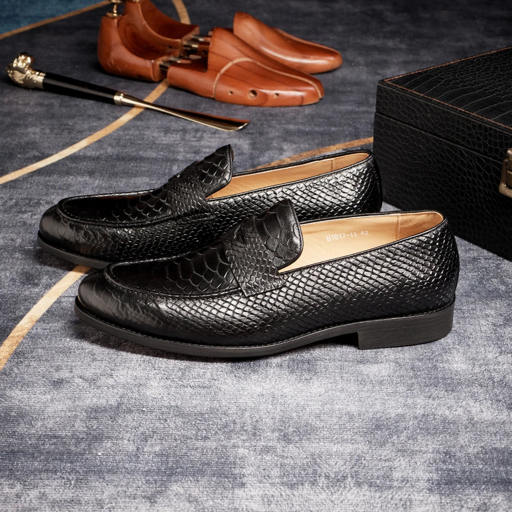Men's Genuine Leather Snake Pattern Loafers – Pointed Slip-On Dress Shoes