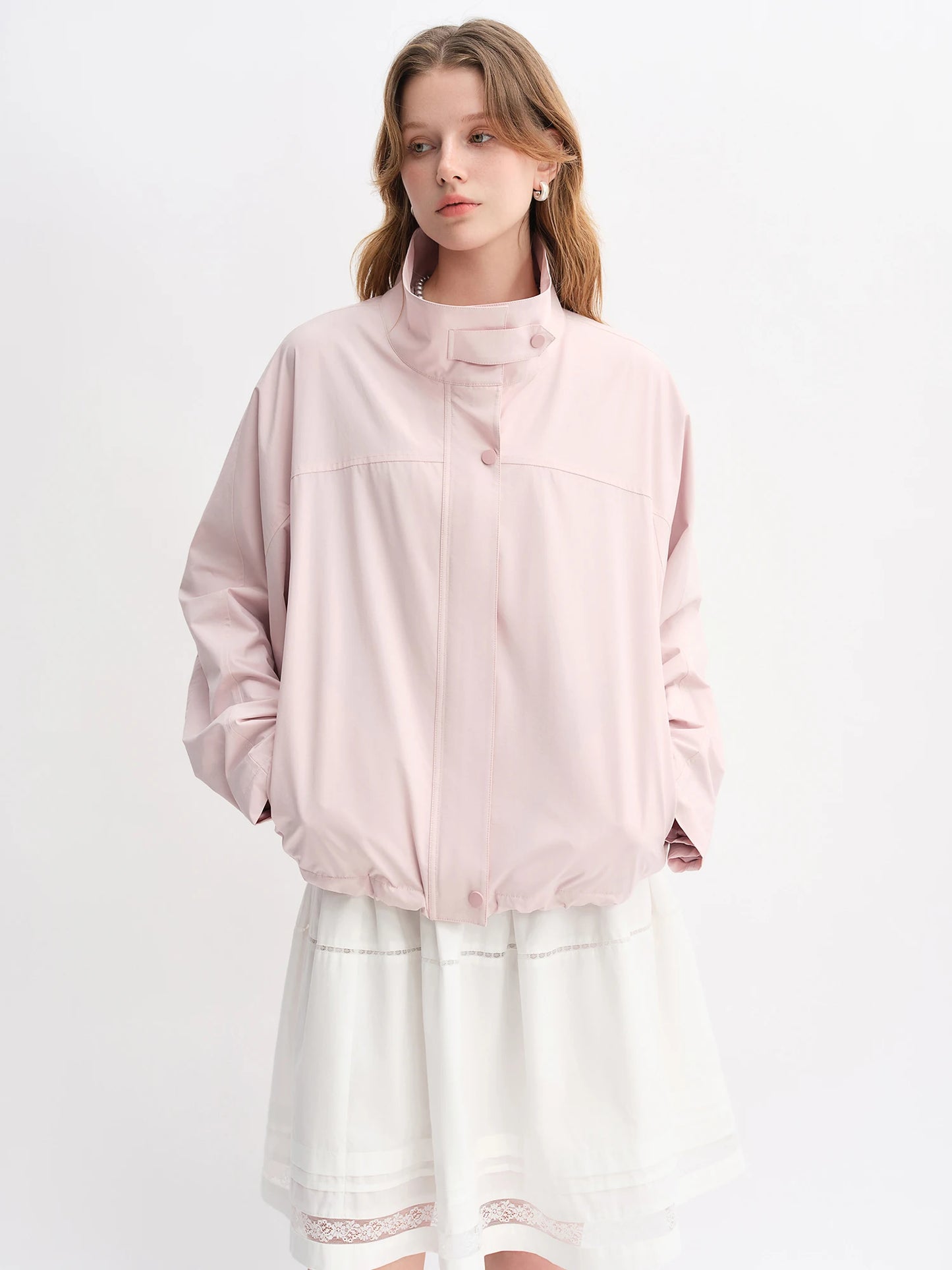 Pink Cropped Jacket - Relaxed Fit Drawstring Hem Windbreaker