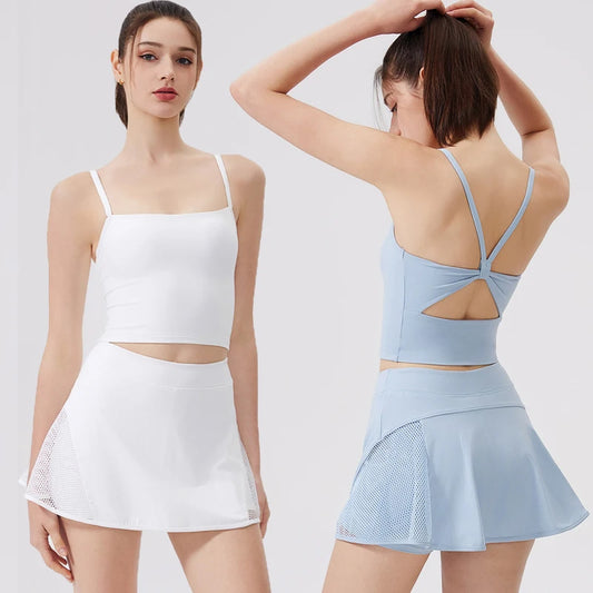 Women's Two-Piece Fitness Set with Golf Skort - Summer Tennis & Yoga Activewear