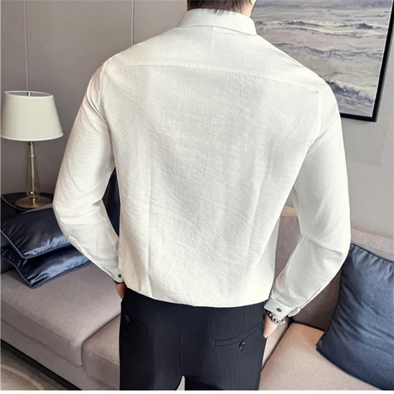 Men's Minimalist Slim Fit Shirt - Long Sleeve Solid Colour Smart Casual Pocket Blouse