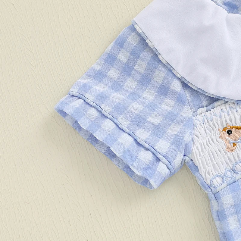 Lovely Baby Summer Romper - Plaid Print Western Embroidery Doll Collar Jumpsuit (0-18M)