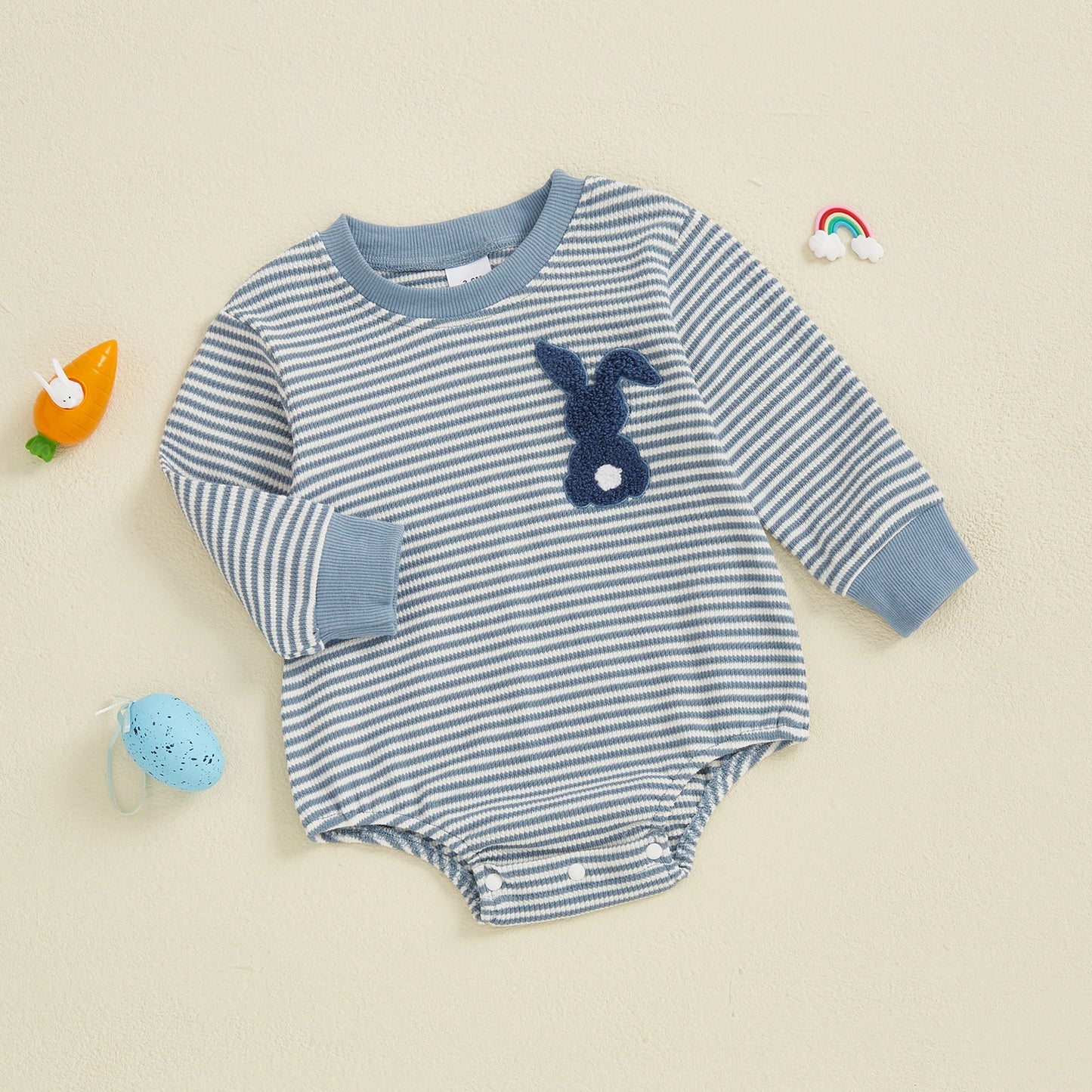 Baby Easter Romper - Stripe Rabbit Carrot Embroidery Long Sleeve Bodysuit