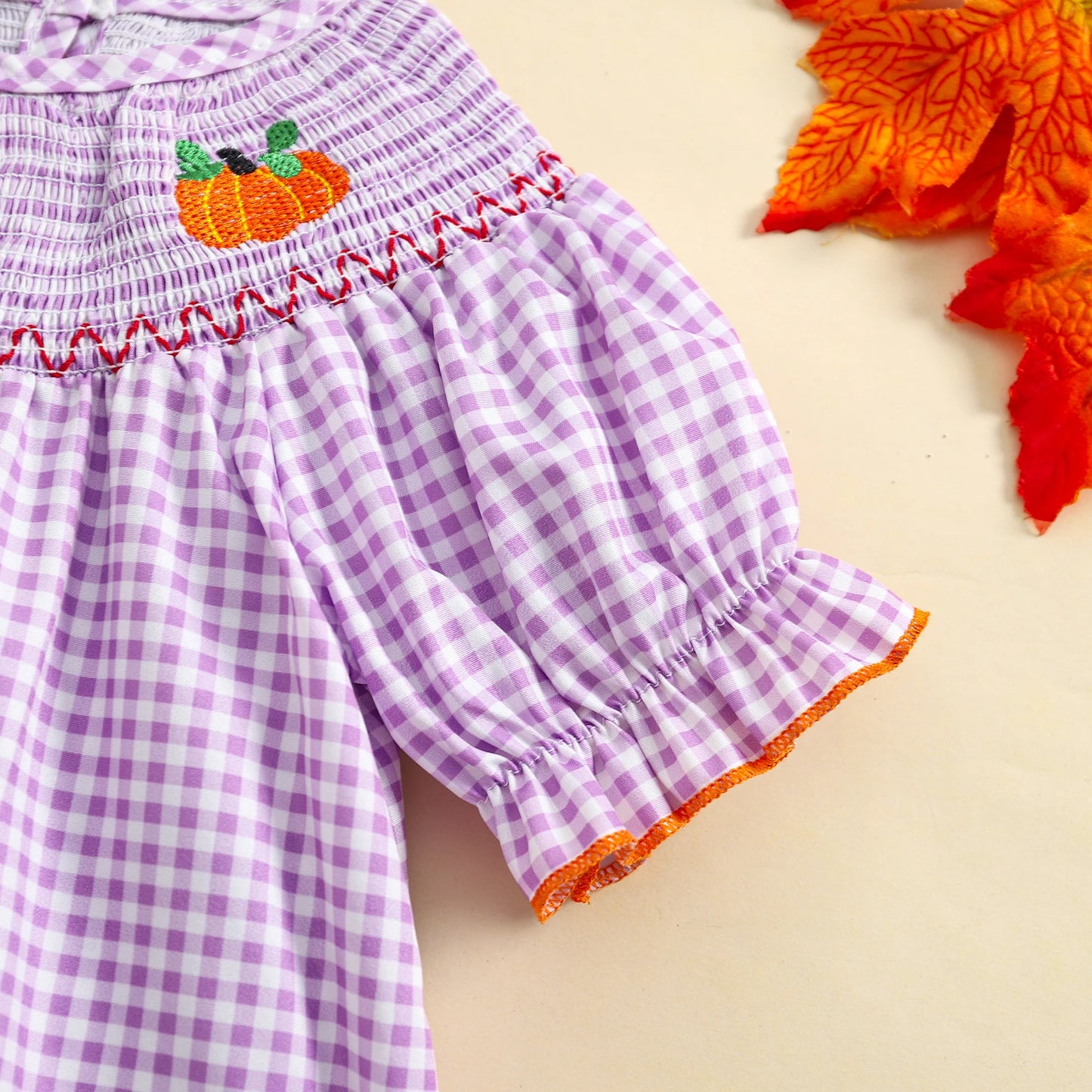 0-3Y Baby Girls Boys Romper Pumpkin Embroidered Plaid Print Short Sleeve Ruffled Jumpsuits