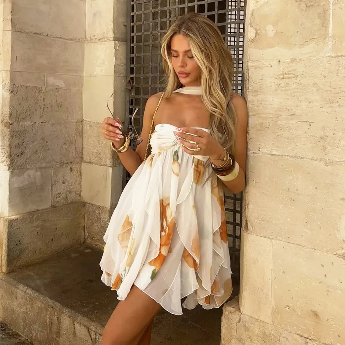 Women's Summer Halter Floral Mesh Mini Dress - Strapless Backless Holiday Dress